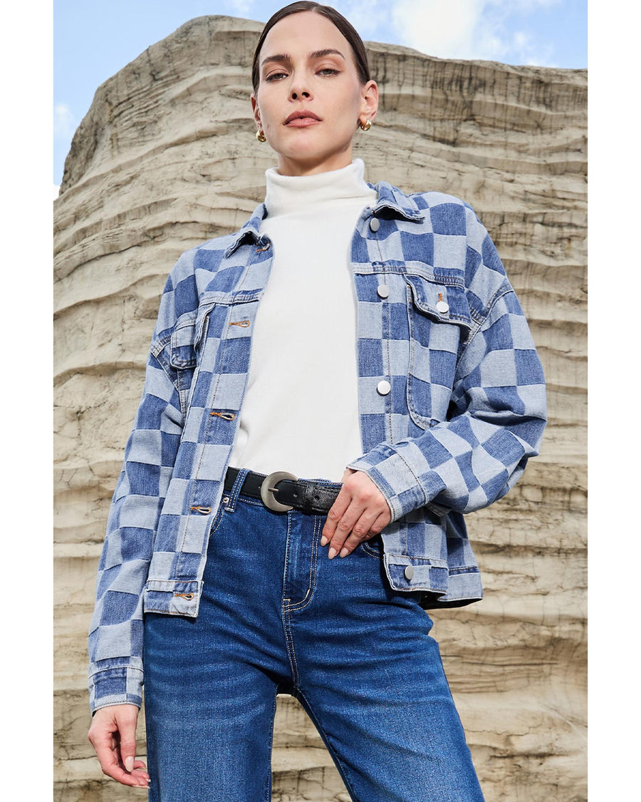 Light Blue Checkered Patchwork Button up Denim Jacket - L