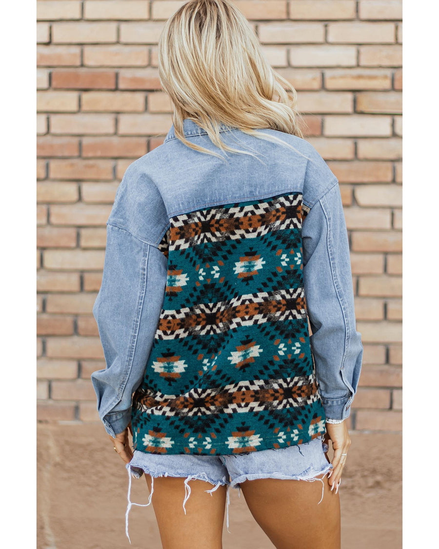 Blue Aztec Printed Denim Jacket - L