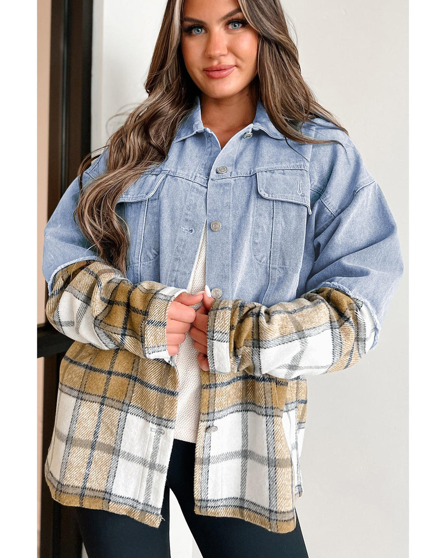 Khaki Plaid Patchwork Buttoned Oversized Denim Jacket - XL