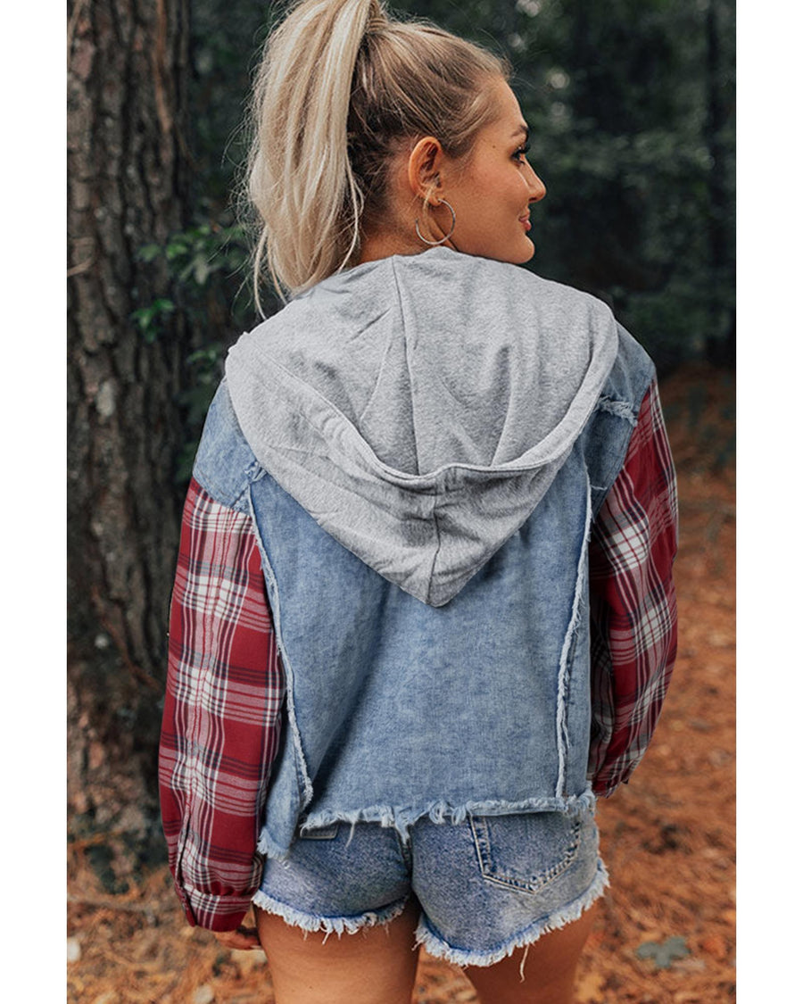 Beau Blue Plaid Print Patchwork Hooded Raw Hem Denim Jacket - S