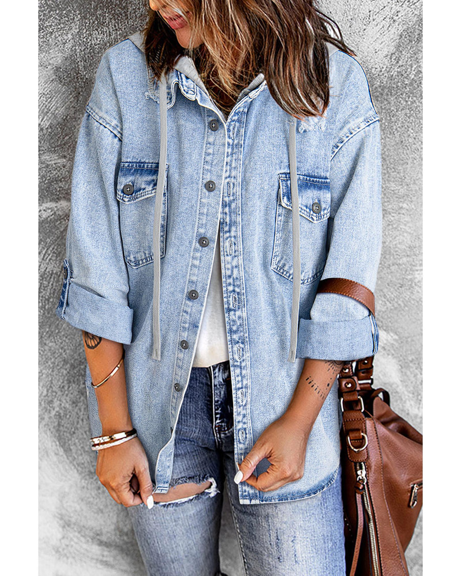 Mist Blue Oversized Contrast Hooded Denim Jacket - S