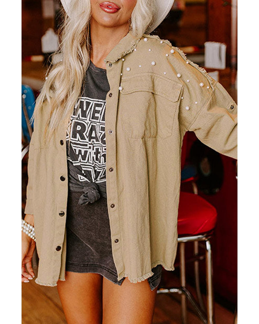 Khaki Pearl Beaded Raw Hem Button Up Denim Jacket - S