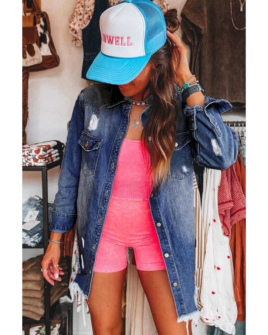 Sky Blue Light Wash Distressed Frayed Long Denim Jacket - S