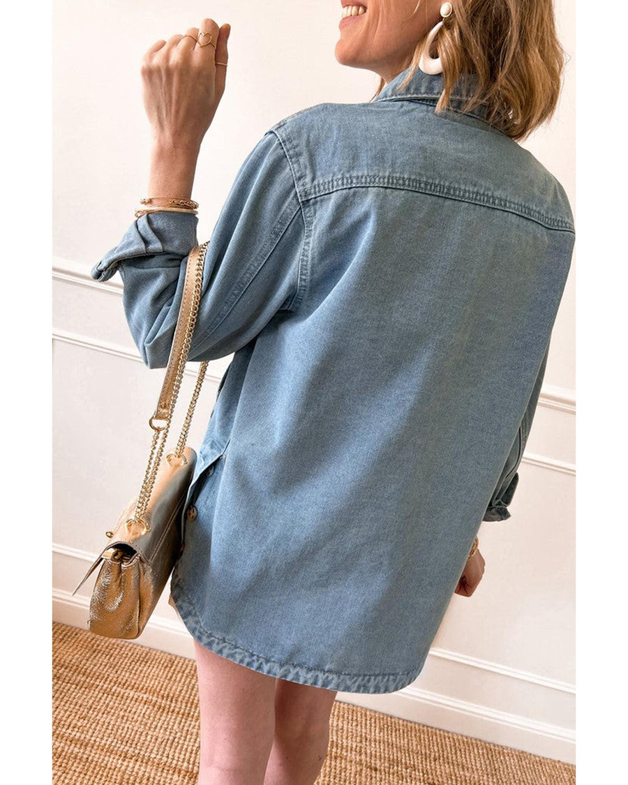 Dusk Blue Slit Buttons Pocketed Denim Jacket - XL
