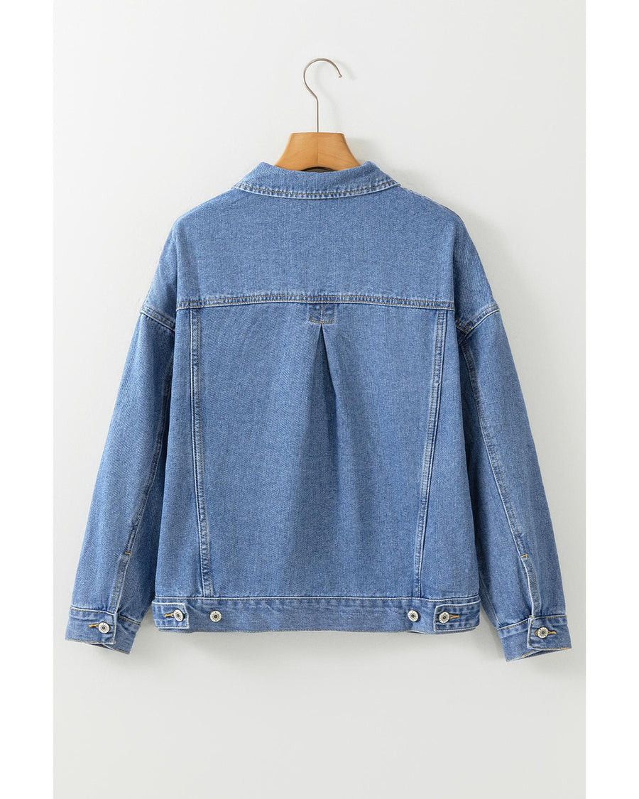 Light Blue Washed Oversize Pocketed Denim Jacket - 2XL