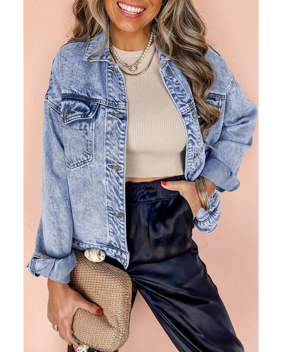 Beau Blue Vintage Washed Flap Pockets Denim Jacket - S