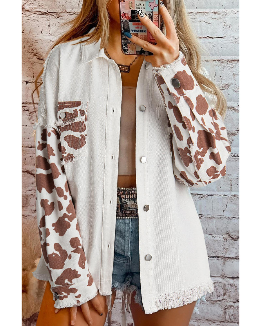 White Cow Spot Patchwork Flap Pocket Distressed Hem Long Denim Jacket - M