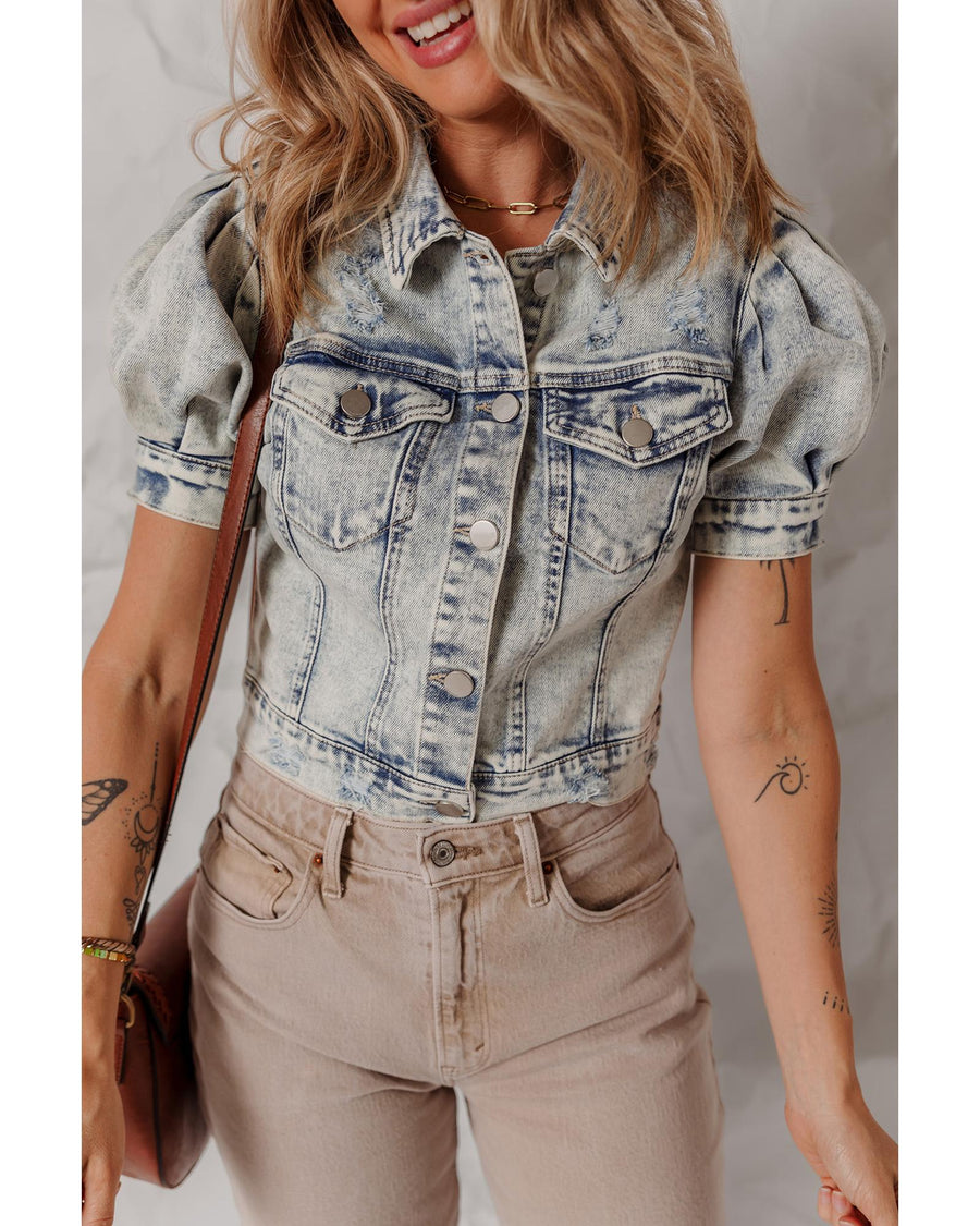 Beau Blue Light Wash Buttoned Chest Pocket Puff Sleeve Denim Jacket - M