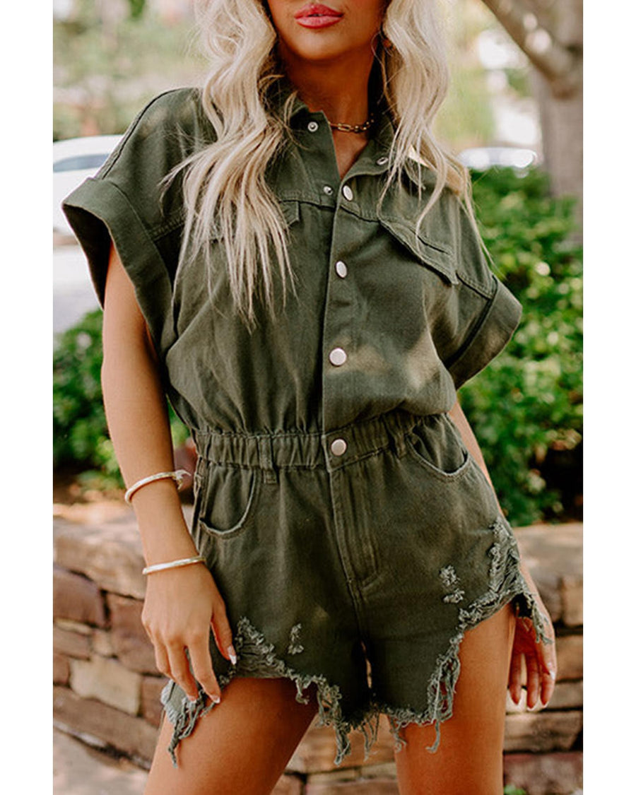 Moss Green Distressed Frayed Denim Romper - XL