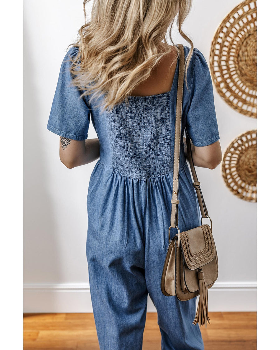 Ashleigh Blue V Neck Short Sleeve Smocked Back Denim Loose Jumpsuit - M