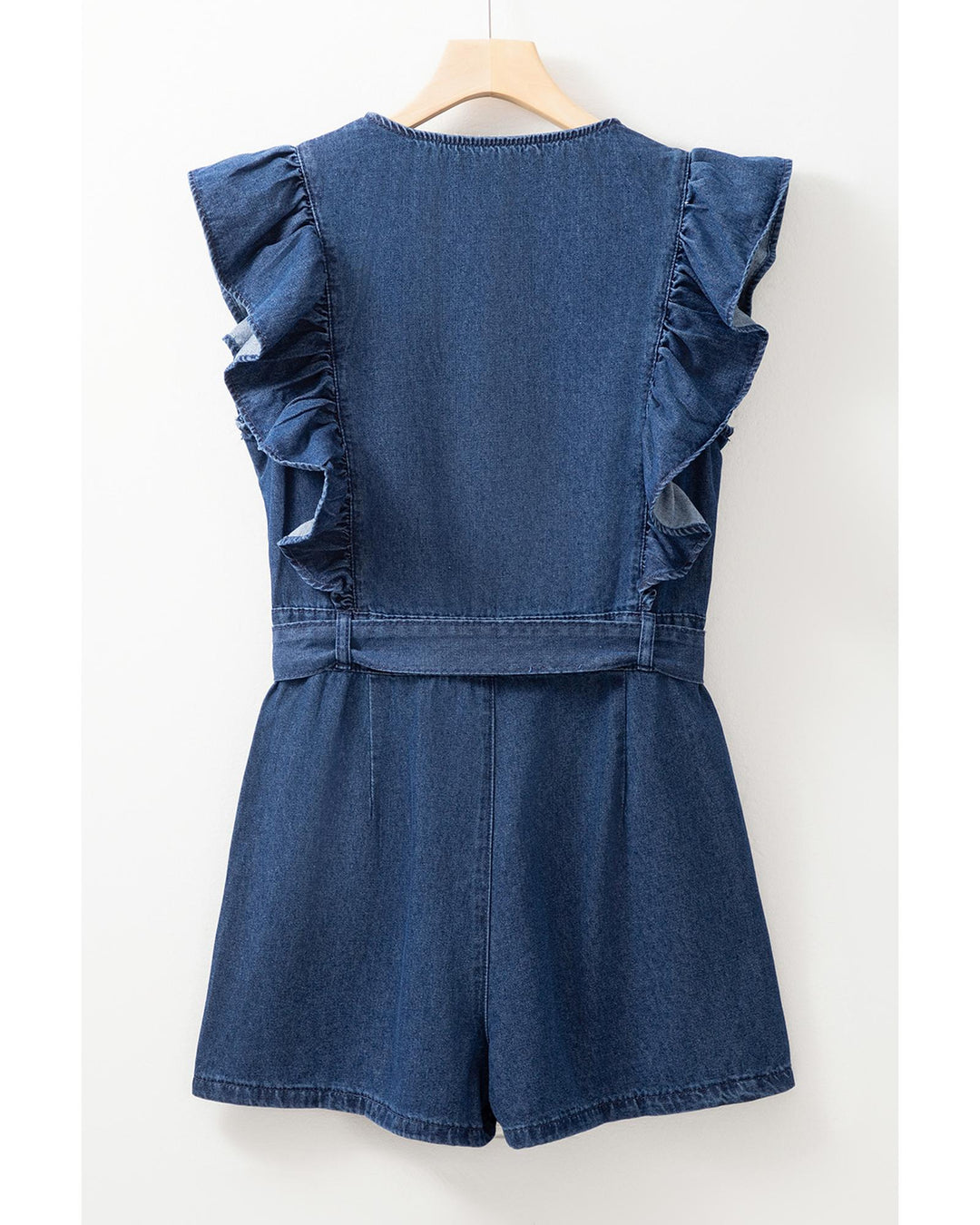 Sail Blue Denim Ruffled Zipped Front Belted Romper - L