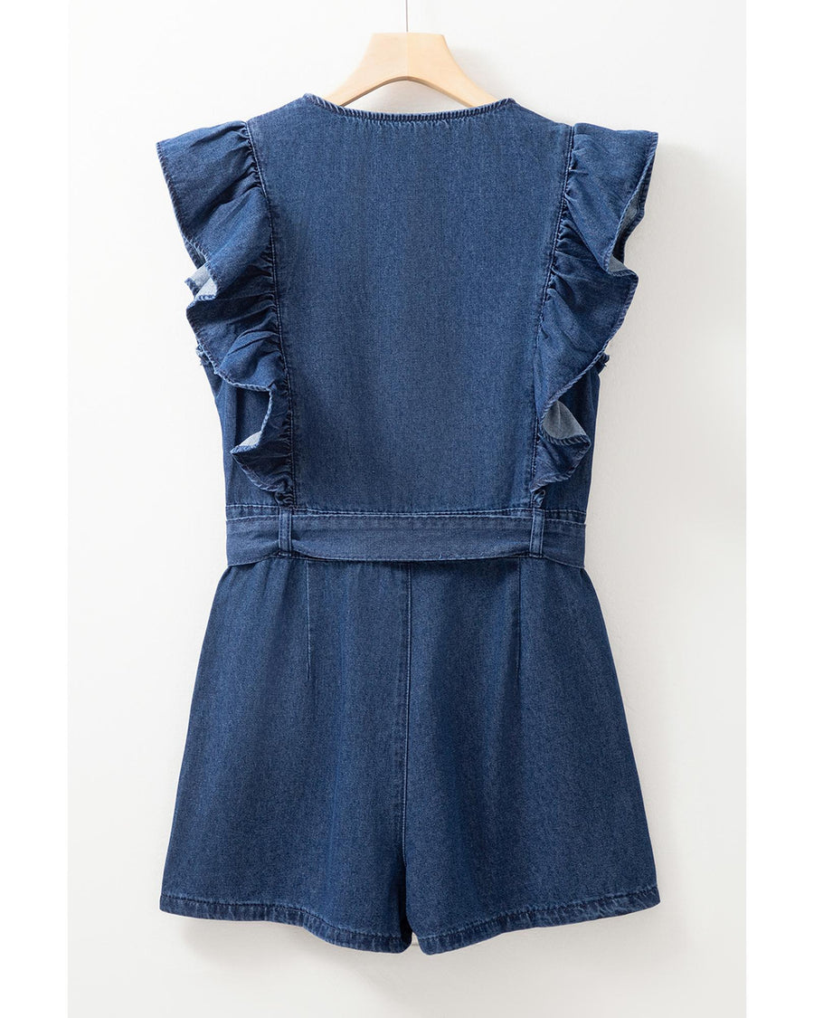 Sail Blue Denim Ruffled Zipped Front Belted Romper - XL