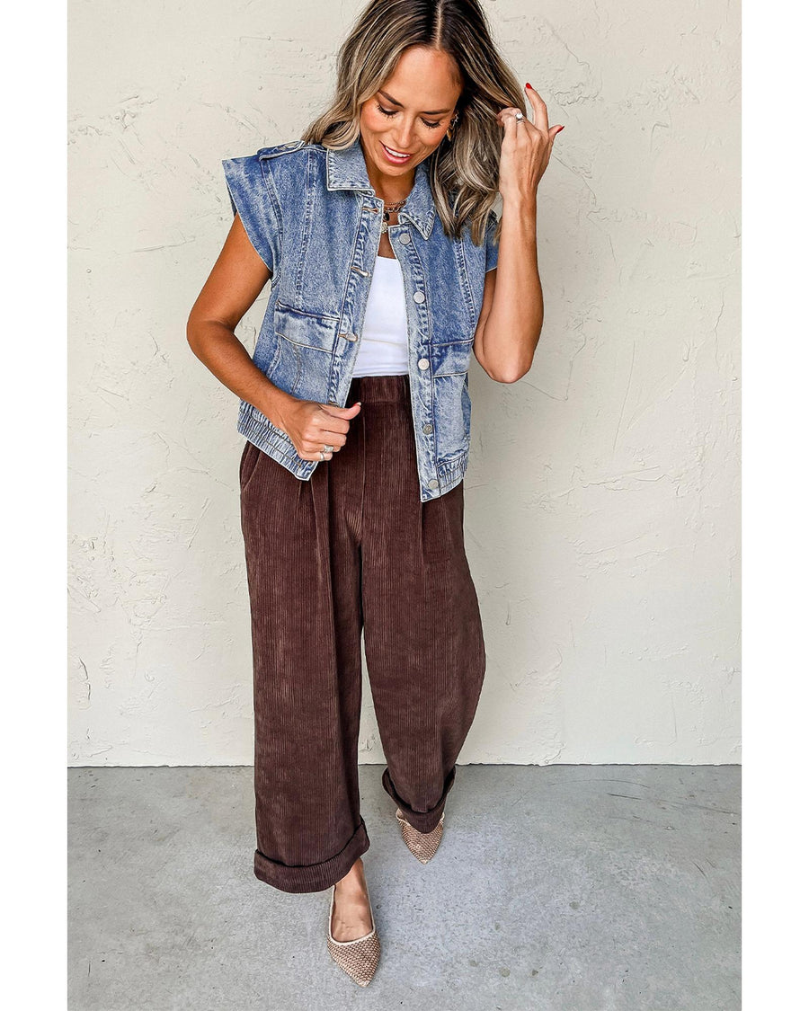 Ashleigh Blue Acid Wash Elastic Hem Button Up Denim Vest - L