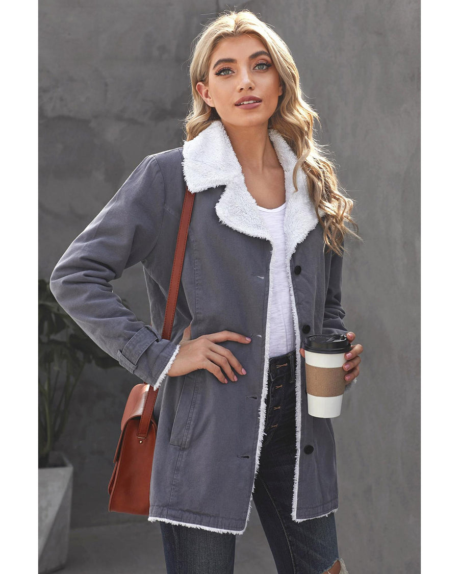 Gray Lapel Collar Button Fleece Jacket - M