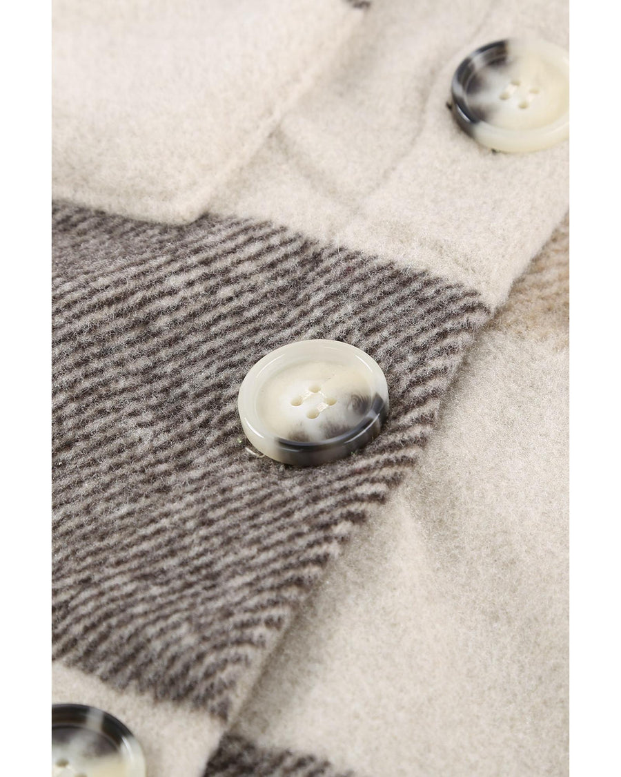 Khaki Plaid Color Block Buttoned Long Sleeve Jacket with Pocket - L