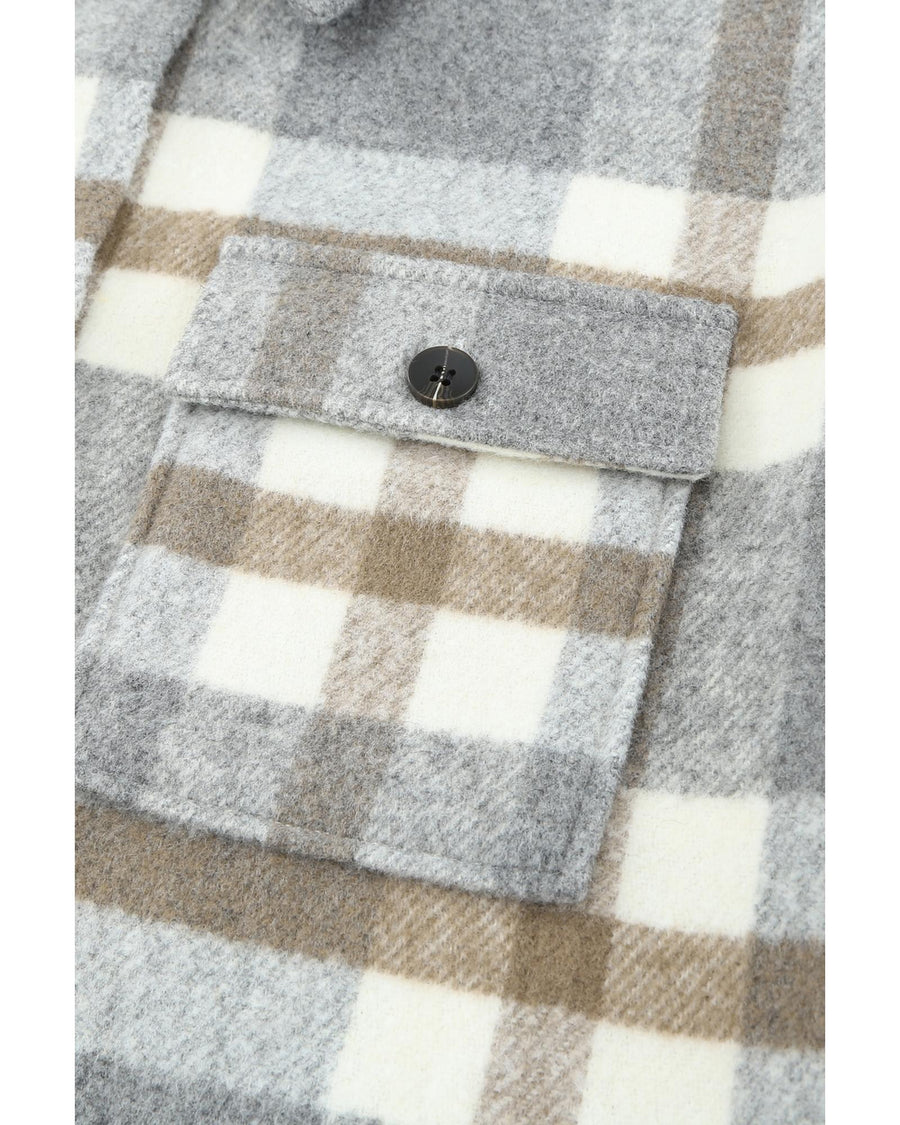 Brown Plaid Print Pocket Women Shacket - M