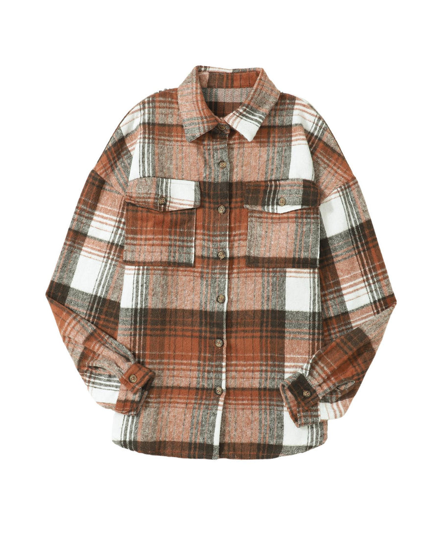 Brown Plaid Flap Pockets Shacket - S
