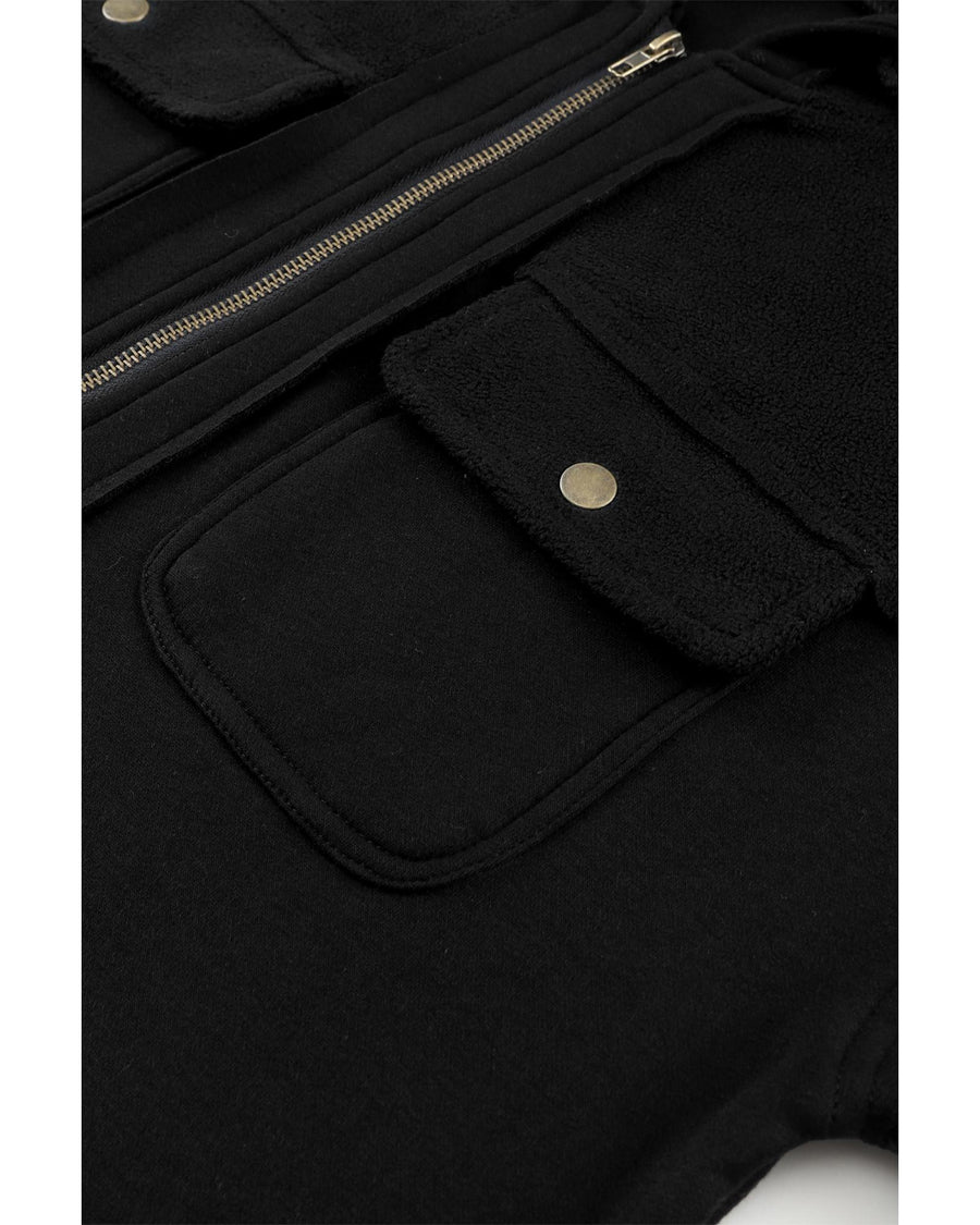 Black Flap Pocket Drawstring Hood Zip Up Jacket - L