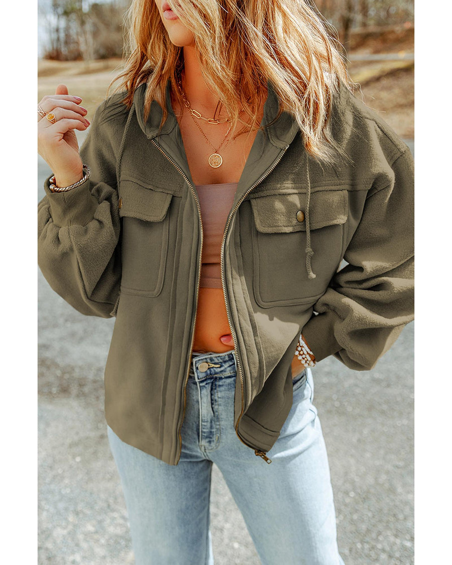 Green Flap Pocket Drawstring Hood Zip Up Jacket - XL