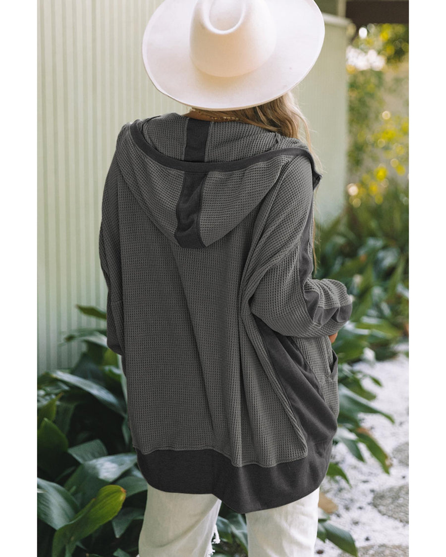 Gray Thermal Waffle Knit Full Zipper Hooded Jacket - M