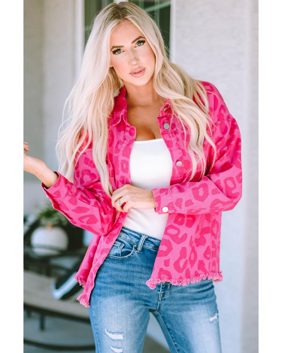 Pink Leopard Print Button Cuffs Raw Hem Jacket - L