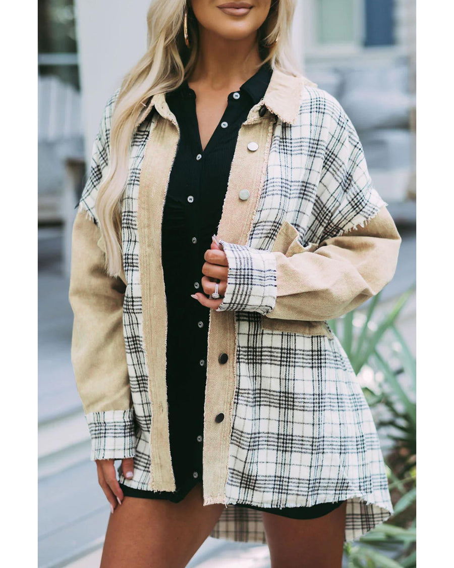 Khaki Distressed Raw Edge Plaid Patchwork Denim Jacket - L
