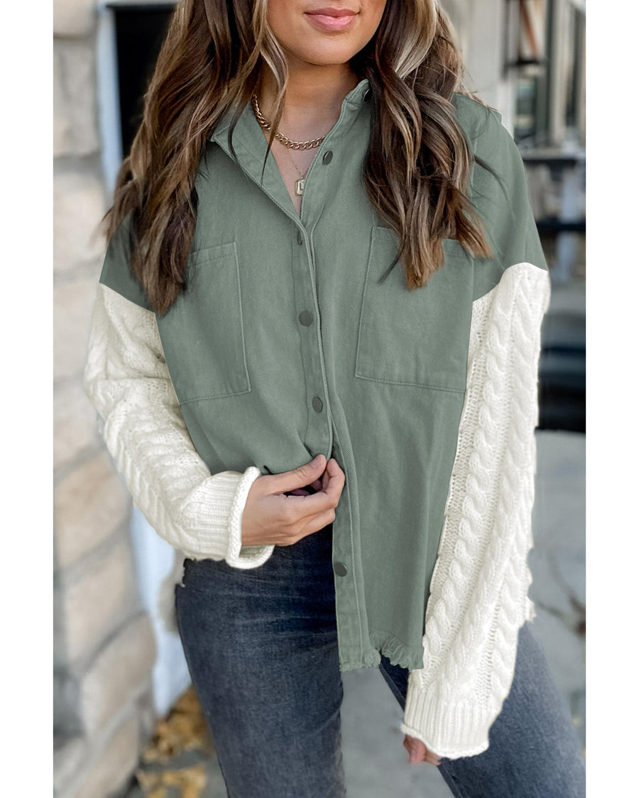 Green Cable Knit Sleeve Raw Hem Shacket - M