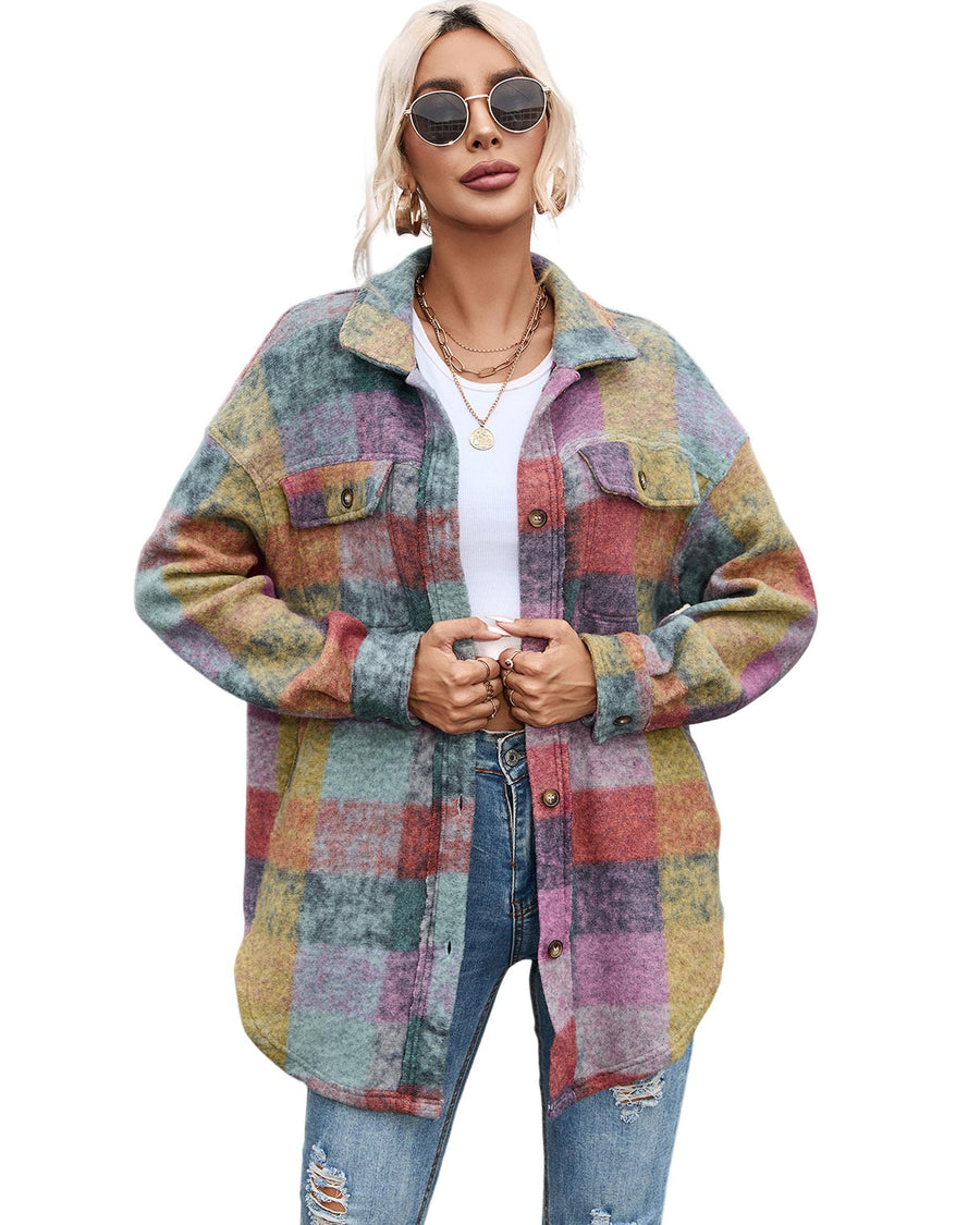 Multicolor Brushed Plaid Pocketed Oversize Shacket - L
