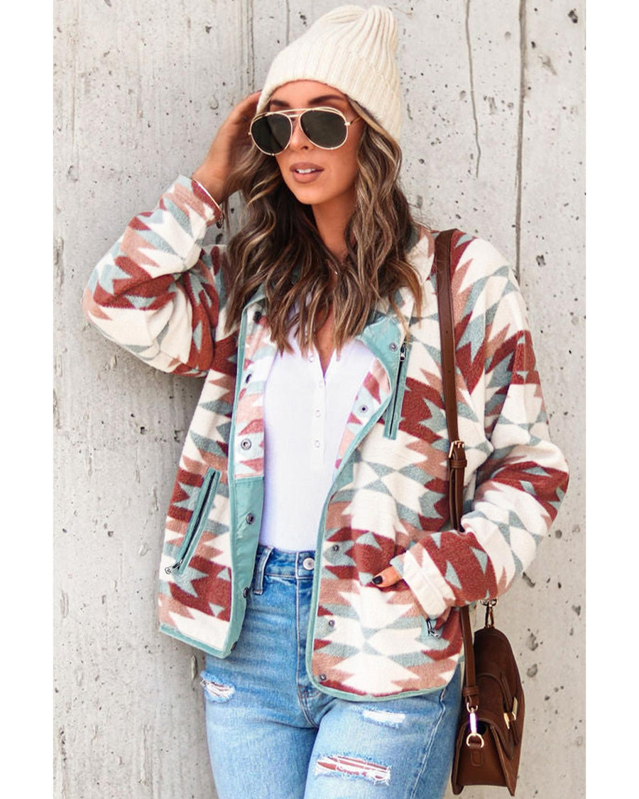 Azura Exchange Red Western Aztec Buttoned Zipper Pockets Fleece Jacket - L
