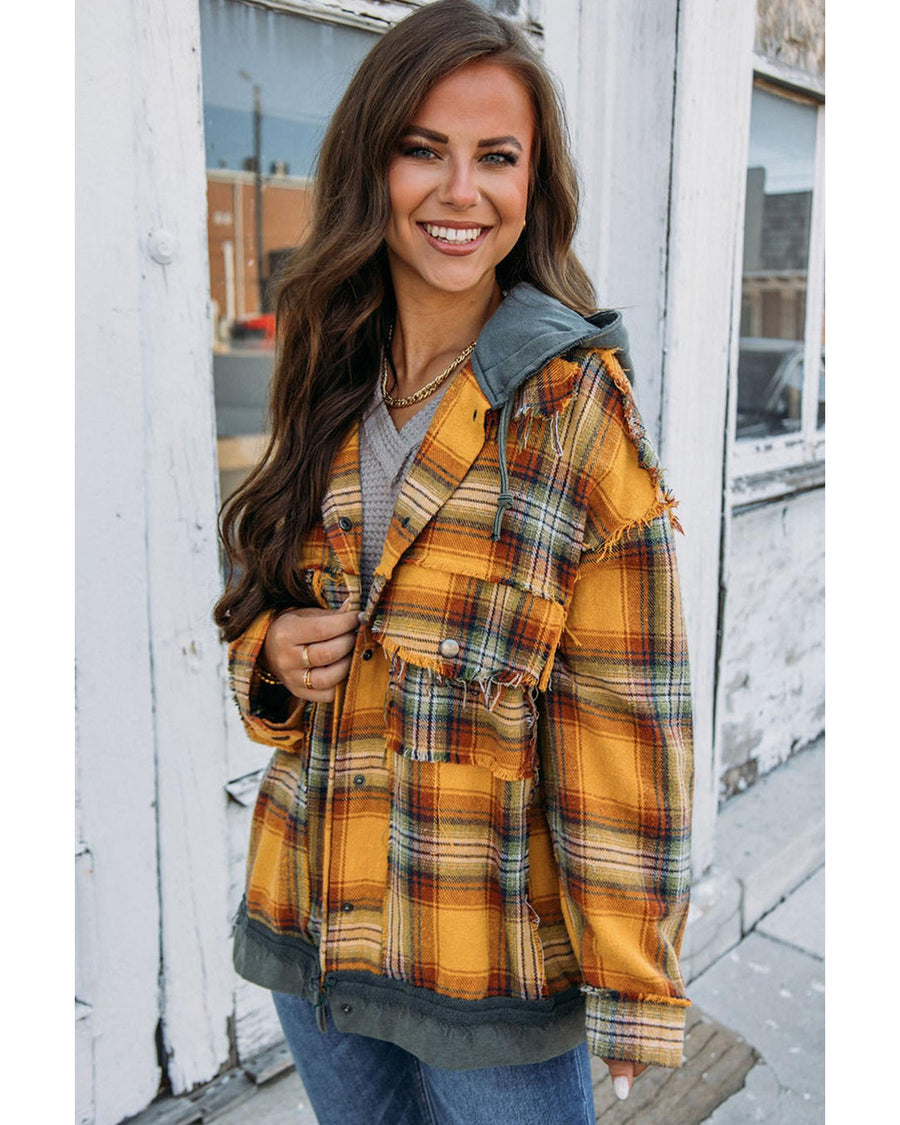 Orange Plaid Patch Hooded Frayed Snap Button Jacket - S