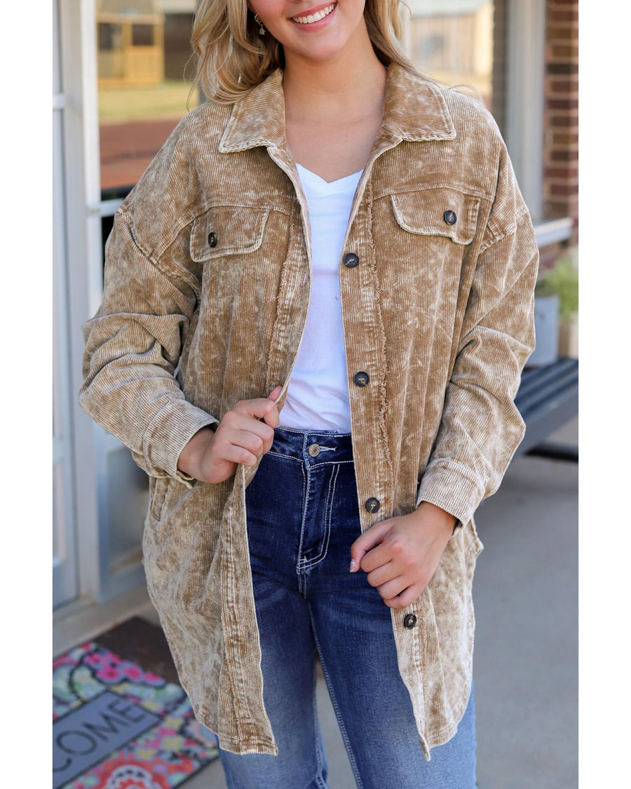 Khaki Vintage Distressed Mineral Wash Oversized Shacket - M