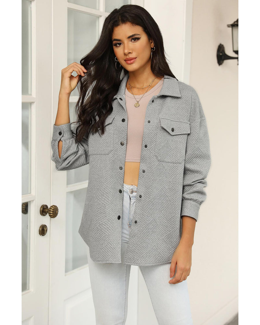 Gray Solid Textured Flap Pocket Buttoned Shacket - S