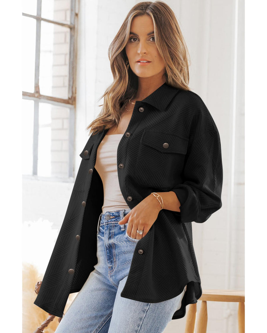 Black Solid Textured Flap Pocket Buttoned Shacket - S
