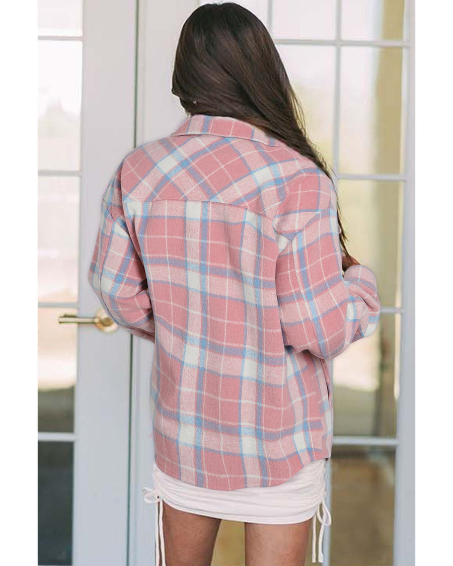 Pink Plaid Flap Pocket Flannel Shacket - S