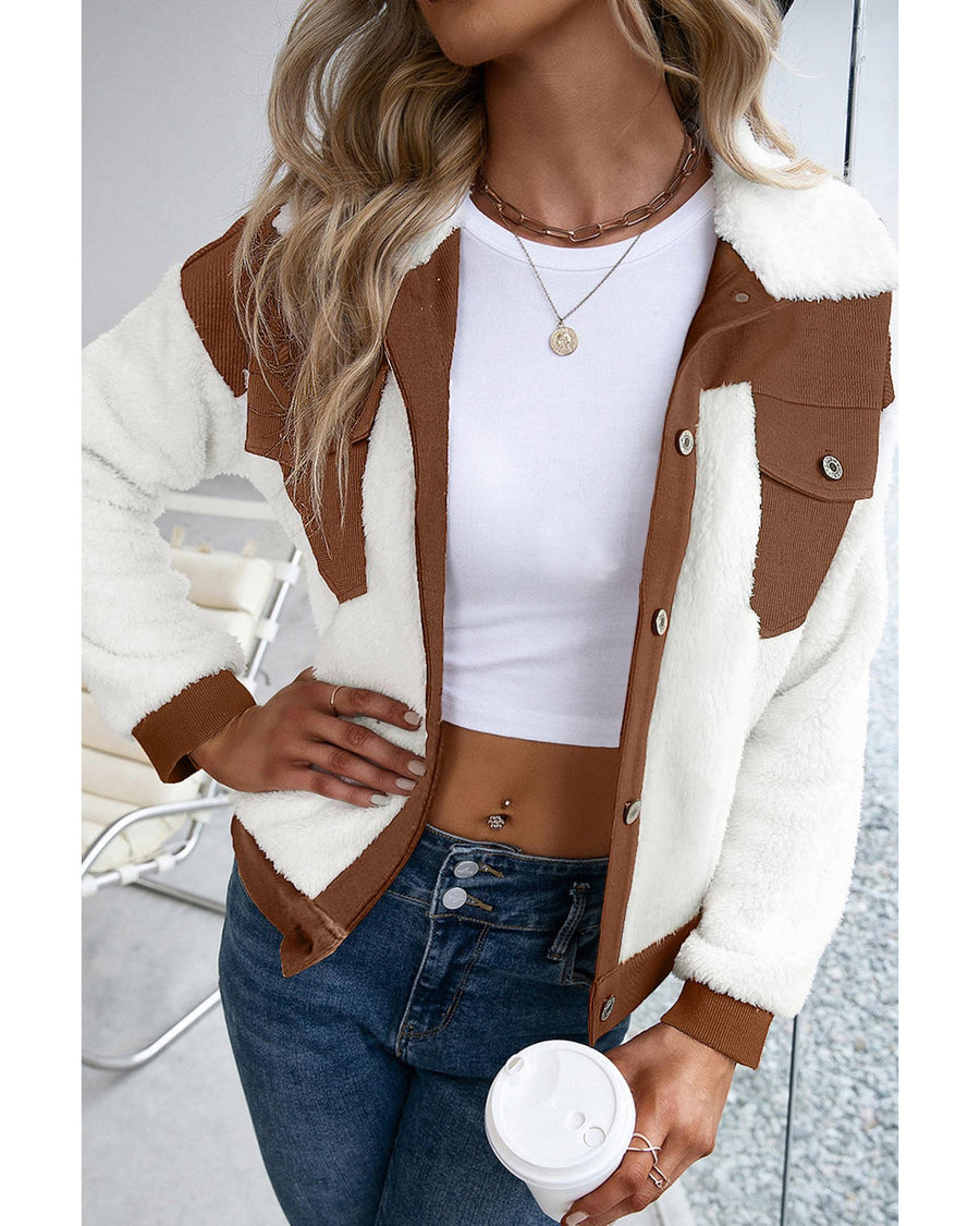 Chestnut Corduroy Color Block Contrast Patchwork Fuzzy Jacket - XL