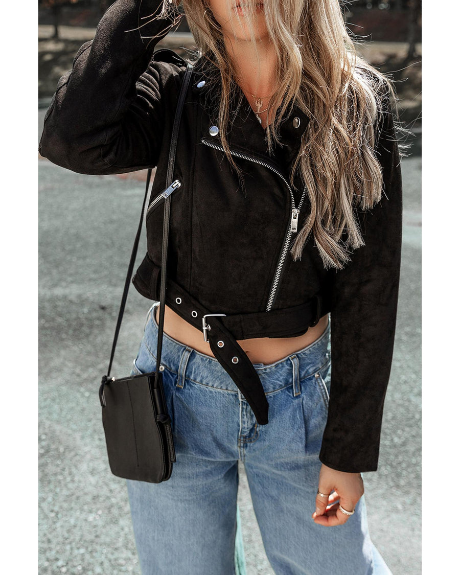 Black Asymmetric Zipper Belted Hem Jacket - XL
