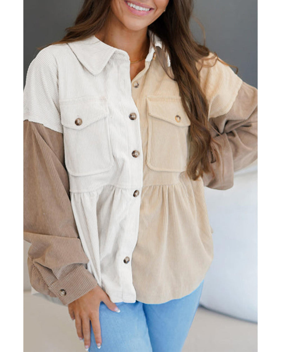 Khaki Corduroy Colorblock Button up Loose Shacket - L