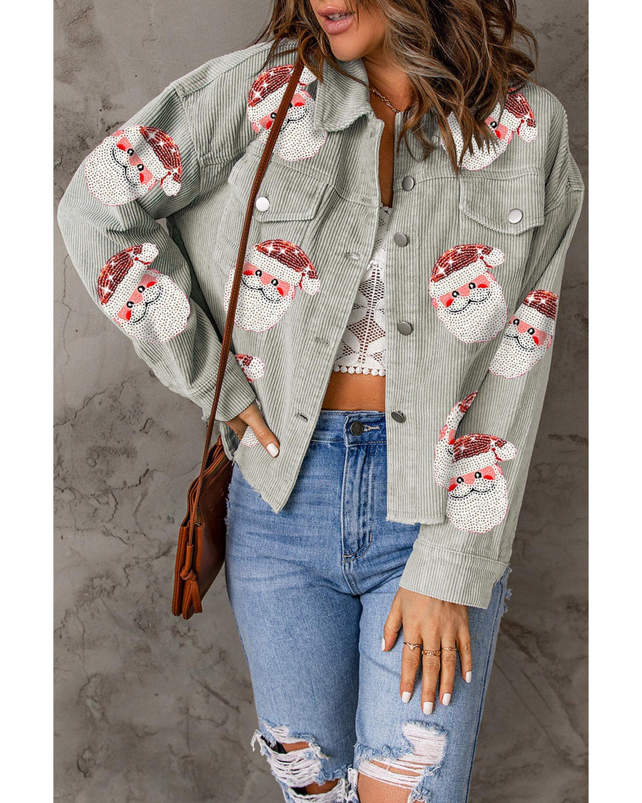 Sky Blue Sequined Santa Claus Flap Pocket Corduroy Jacket - L