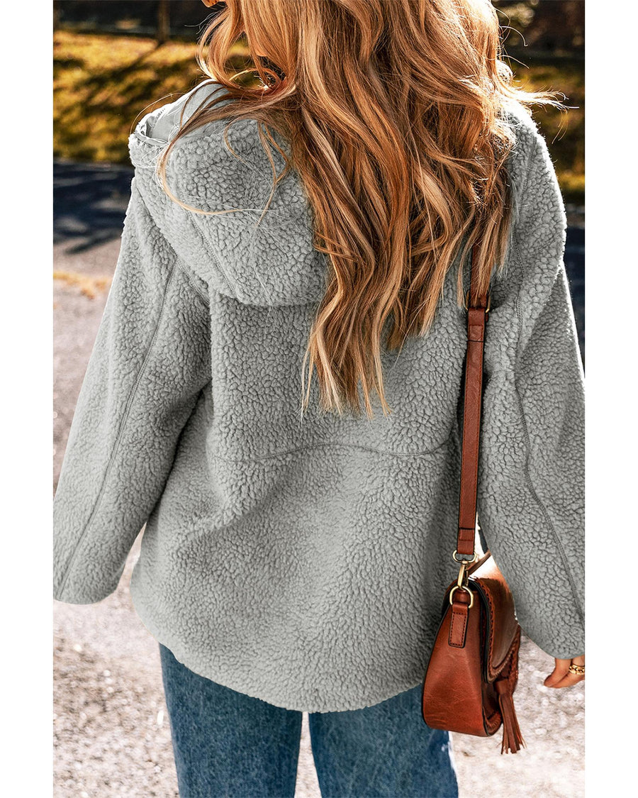 Medium Grey Fleece Zip Up Drawstring Hooded Pocketed Jacket - XL
