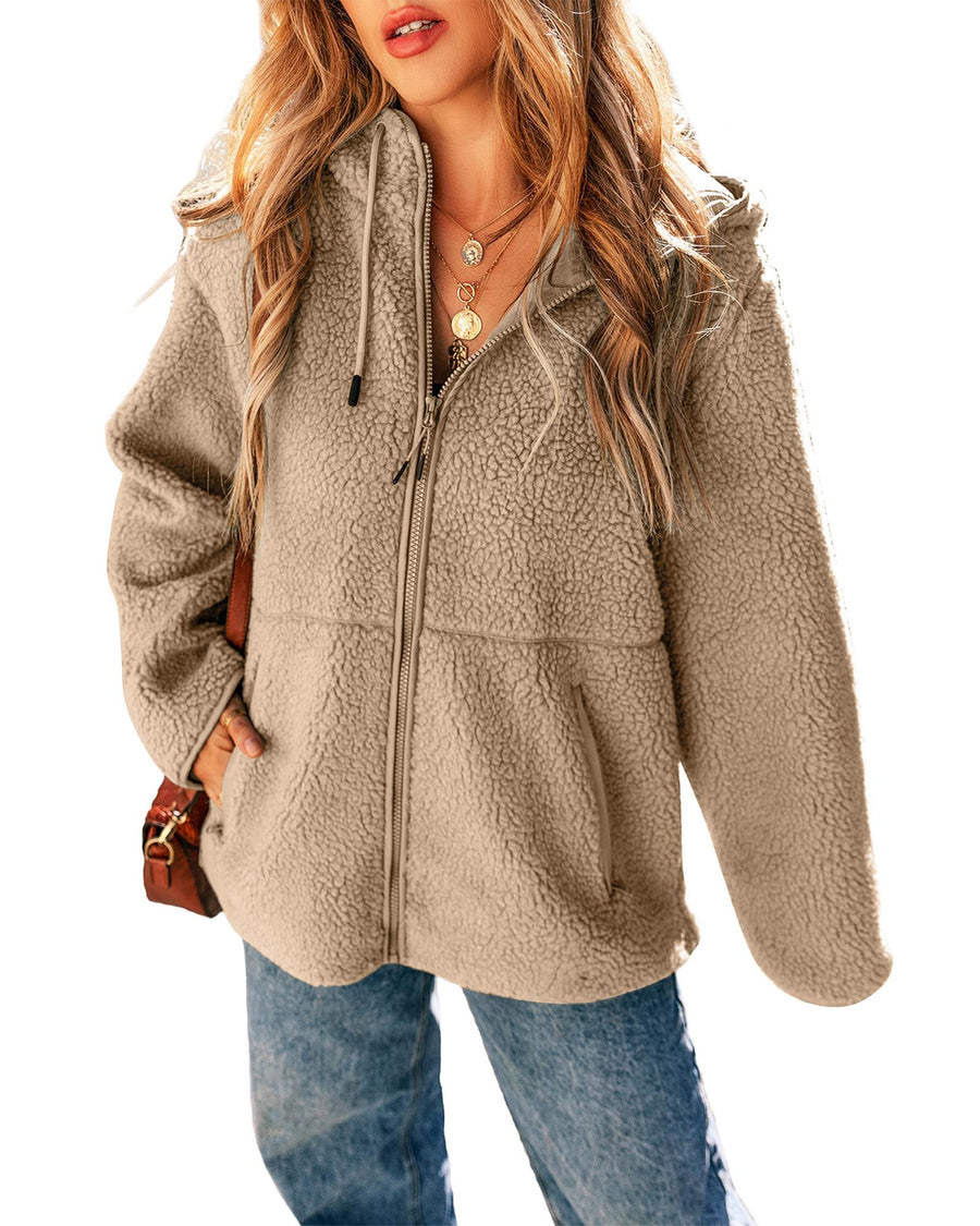Pale Khaki Fleece Zip Up Drawstring Hooded Pocketed Jacket - L