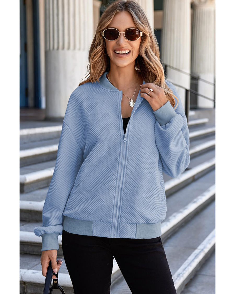 Myosotis Solid Textured Stand Neck Zipper Bomber Jacket - L
