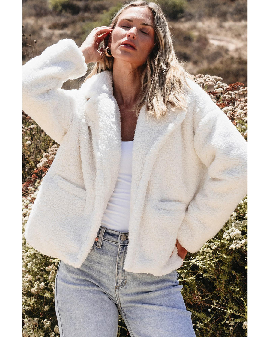 Beige Faux Fur Button Pocketed Lapel Collar Jacket - L