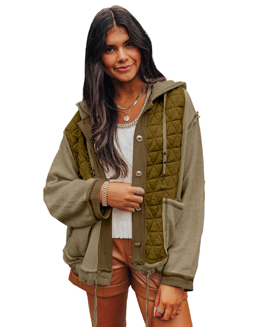 Jungle Green Quilted Textured Patchwork Loose Fit Hooded Jacket - M