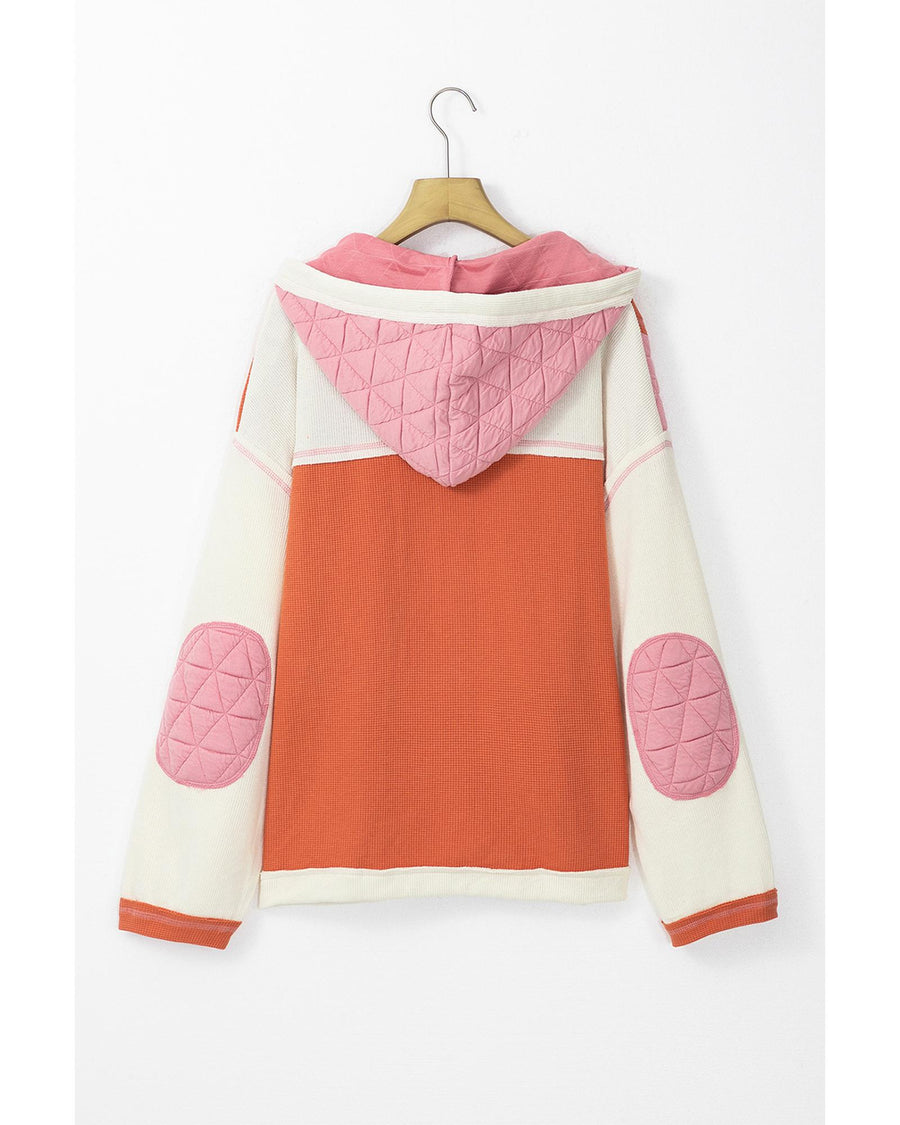 Coral Quilted Textured Patchwork Loose Fit Hooded Jacket - M