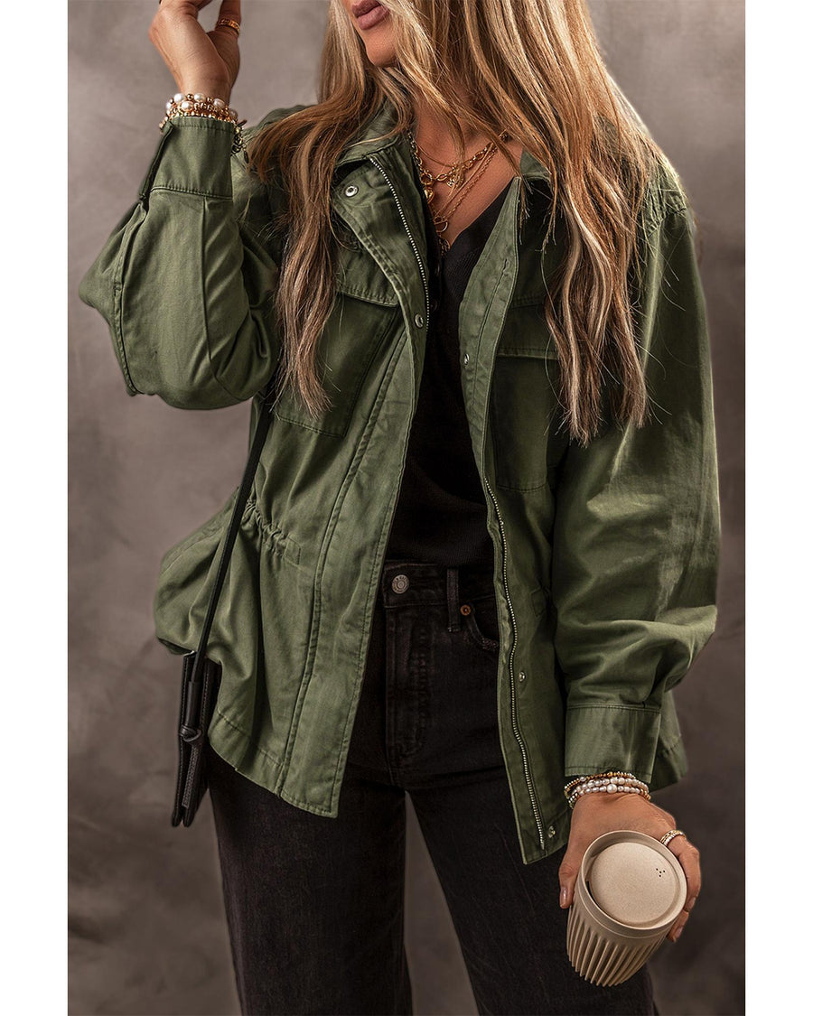 Moss Green Snap Button Zipper Tight Waist Collared Jacket - M