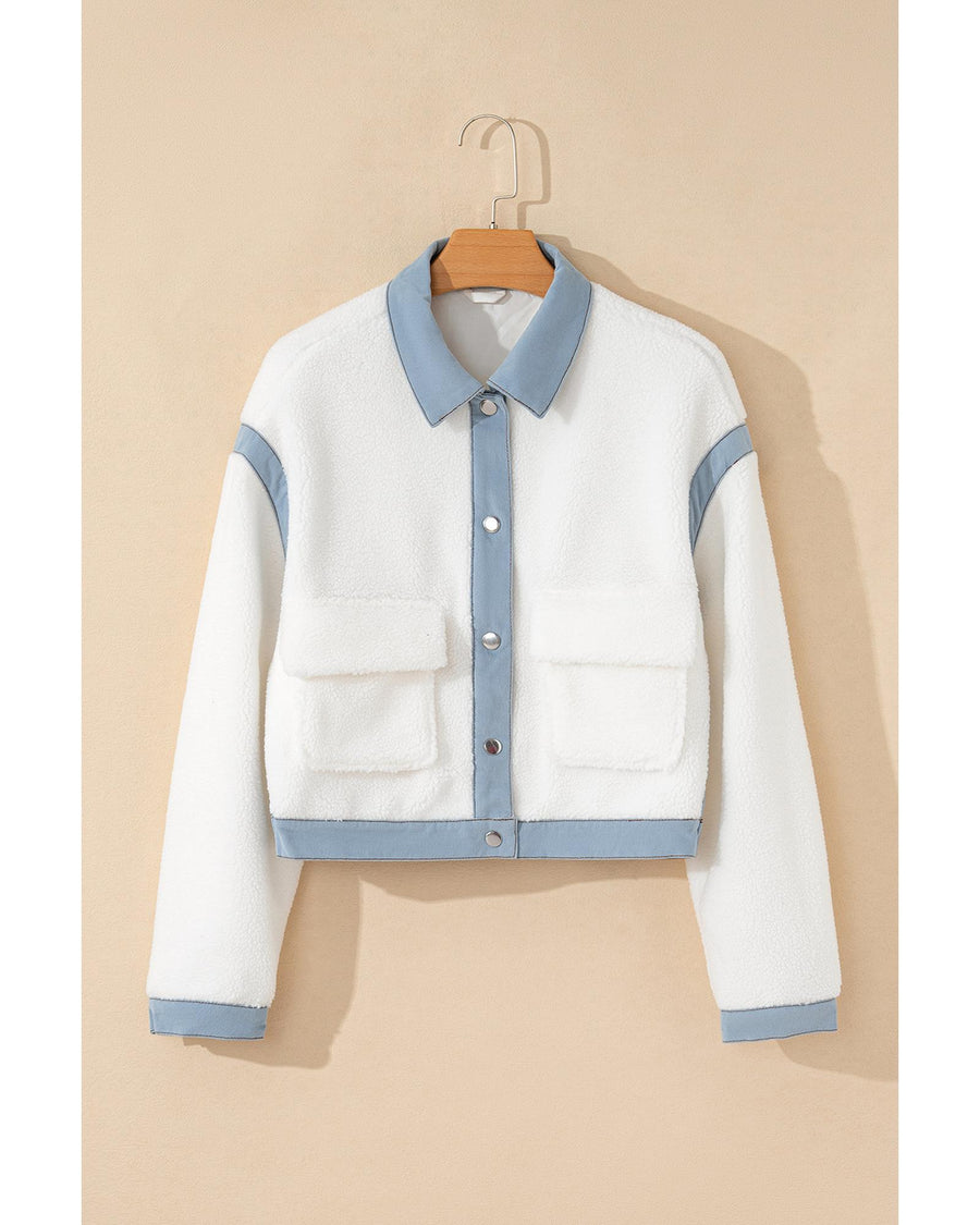 White Contrast Trim Buttoned Sherpa Jacket - S
