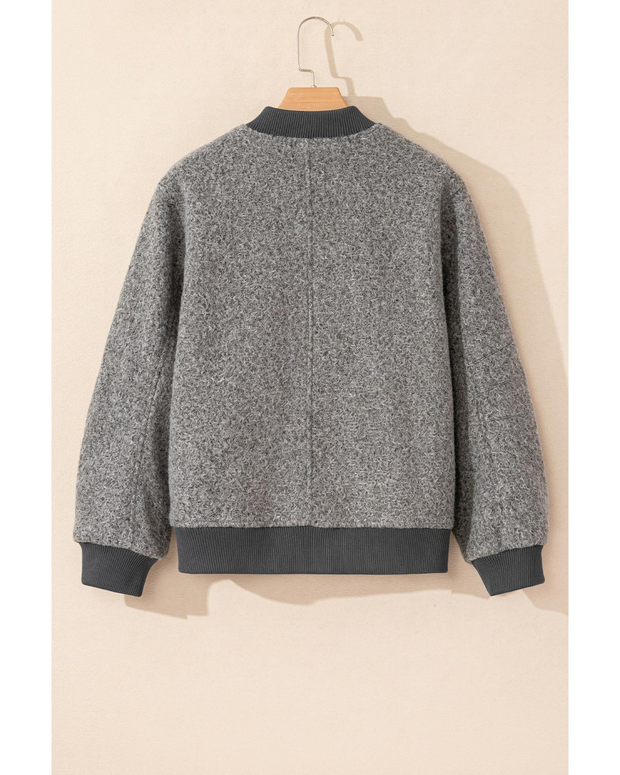 Medium Grey Fuzzy Zip Up Pocketed Sleeve Jacket - L