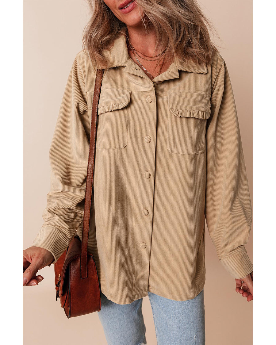Light French Beige Solid Frilled Flap Pocket Button Up Corduroy Shacket - M