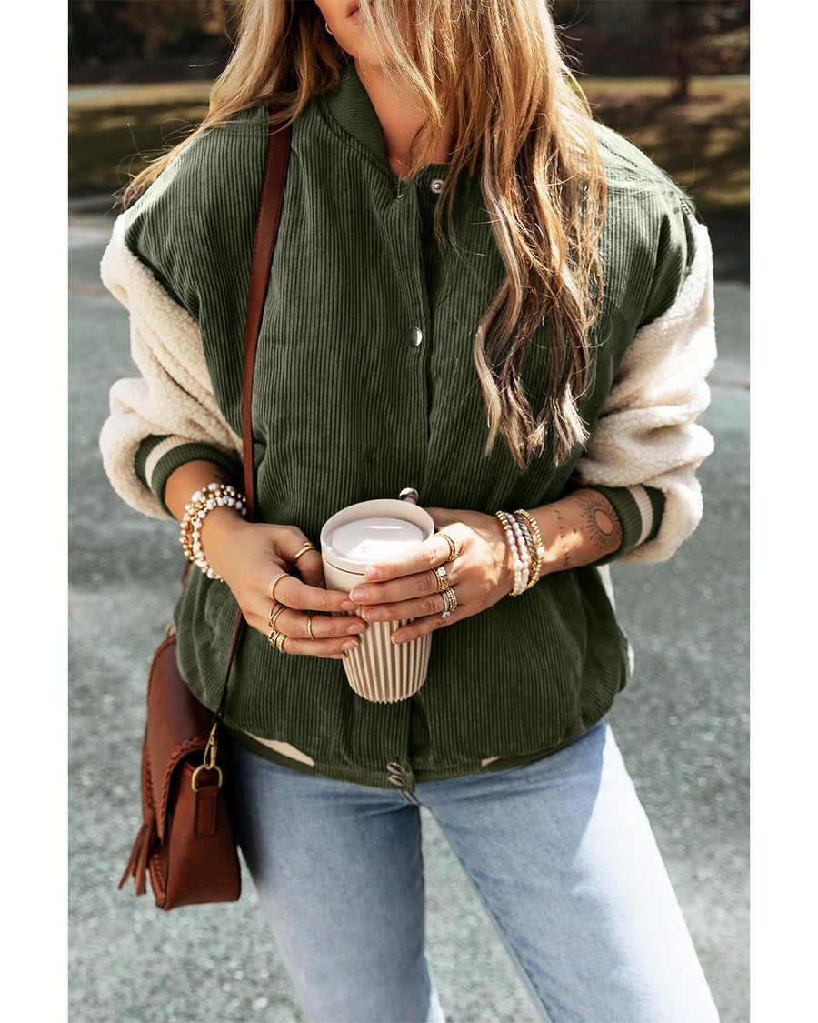 Mist Green Corduroy Fleece Patchwork Buttoned Bomber Jacket - XL