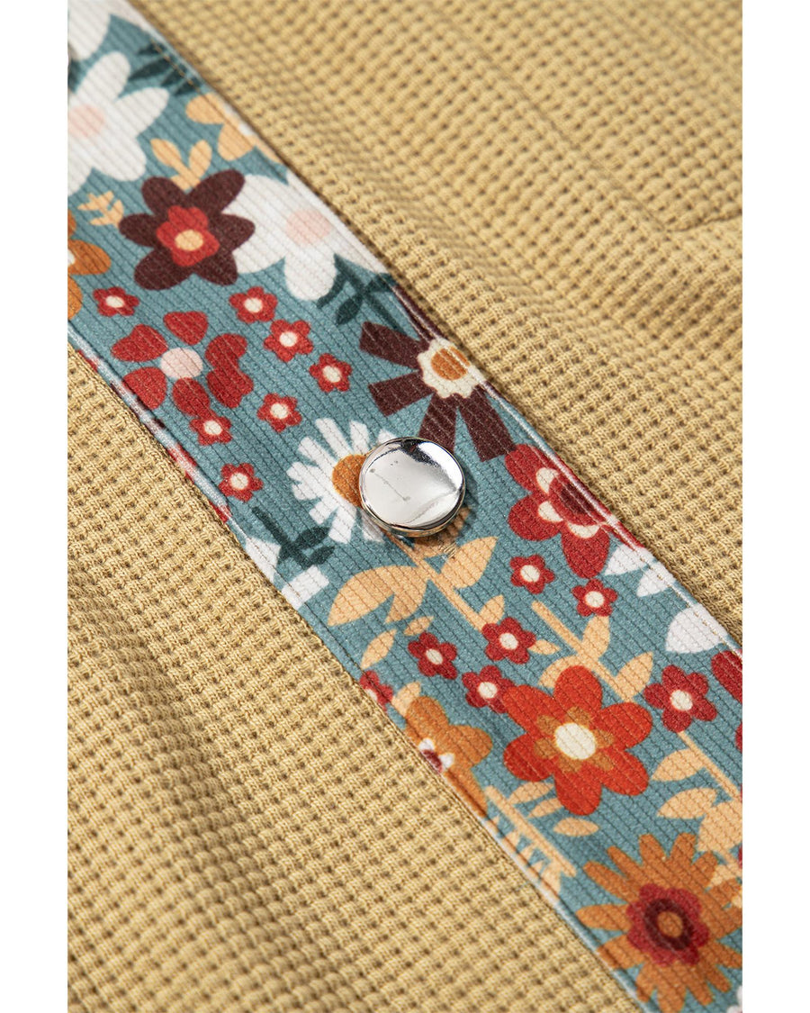 Khaki Waffle Knit Floral Print Patchwork Button up Jacket - L